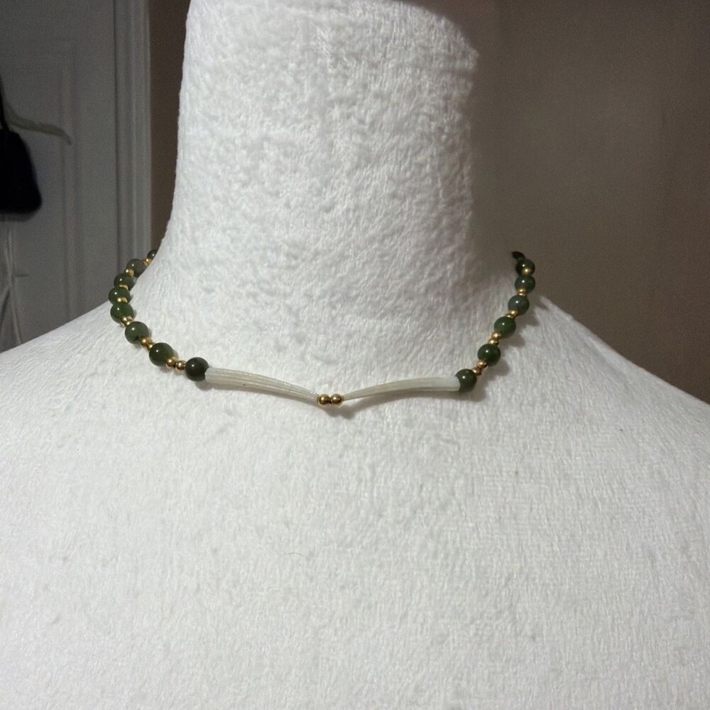 Vtg Green Jade Carved Bone Bead Choker Necklace Bovine Estate Invaluable